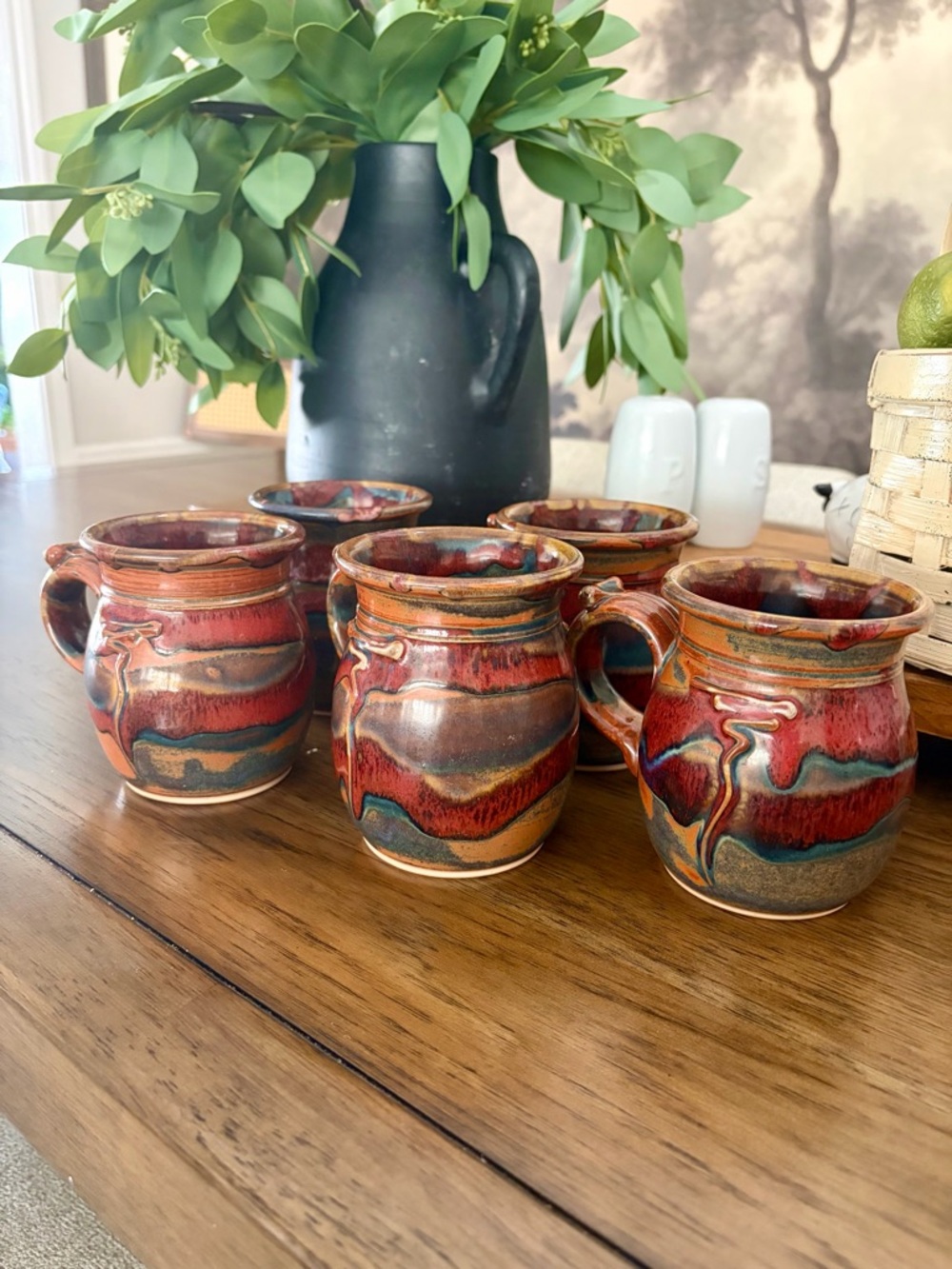 Kurt Glover Pottery Set of 5 Handmade Mugs – Rustic Drip Glaze Artisan Stoneware